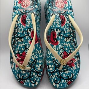 Tory Burch Blue and Cream Floral Sandals